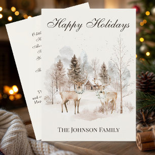 Cartes Pour Fêtes Annuelles Cerf aquarelle rustique forêt hivernale