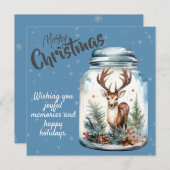 Cartes Pour Fêtes Annuelles Cerf dans le bocal Snowflakes Blue (Devant / Derrière)