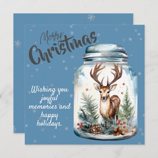 Cartes Pour Fêtes Annuelles Cerf dans le bocal Snowflakes Blue (Devant / Derrière)