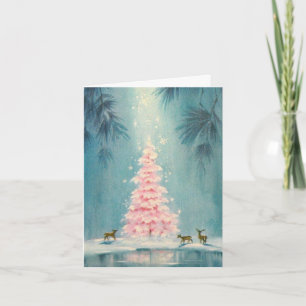 Cartes Pour Fêtes Annuelles Cerf d'arbre de Noël rose vintage sur fond bleu