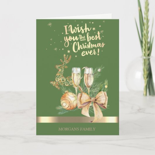 Cartes Pour Fêtes Annuelles Cerf de Noël d'or, Boule, Verre de vin, Bow (Devant)