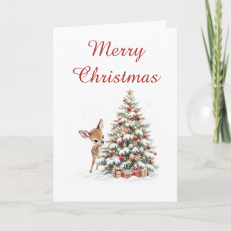 Cartes Pour Fêtes Annuelles Cerf nouveau-né et arbre de Noël dans la neige