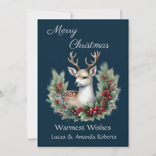 Cartes Pour Fêtes Annuelles Cerf paisible, avec couronne blanche, sur bleu fon (Devant)