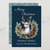 Cartes Pour Fêtes Annuelles Cerf paisible, avec couronne blanche, sur bleu fon (Devant / Derrière)