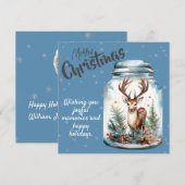 Cartes Pour Fêtes Annuelles Cerfs dans un pot Flocons de neige bleus (Devant / Derrière)