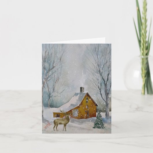 Cartes Pour Fêtes Annuelles Cerfs et Cabine rustique dans la forêt de neige (Devant)