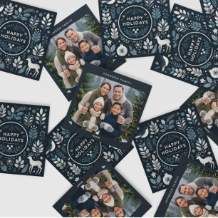 Cartes Pour Fêtes Annuelles Cerfs et rouges-gorges de Noël bleus décoratifs