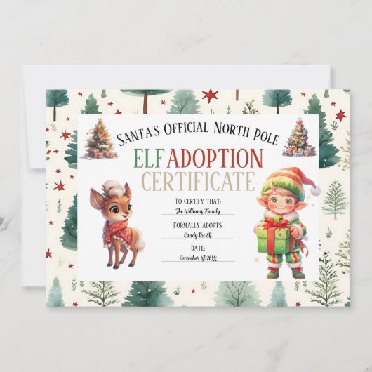 Cartes Pour Fêtes Annuelles Certificat d'adoption de Noël Elf (Devant)