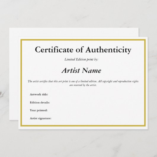 Cartes Pour Fêtes Annuelles Certificat d'authenticité pour les imprimés d'art (Devant / Derrière)