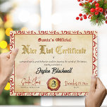 Cartes Pour Fêtes Annuelles Certificat officiel de la liste de Nice de père No<br><div class="desc">Faites de Noël une fête inoubliable avec notre Carte de vacances de certificat officiel de la Liste de Nice de Père Noël personnalisée! Imprimé sur du papier parchemin de style vintage et joliment fabriqué, ce certificat semble provenir directement du pôle Nord. Avec un design festif dans le rouge et l'or...</div>