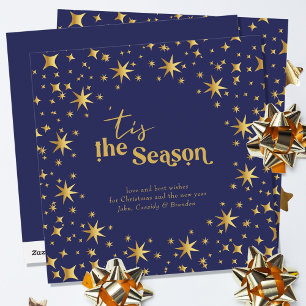 Cartes Pour Fêtes Annuelles C'est la saison Simple Elegant Blue et Gold Stars