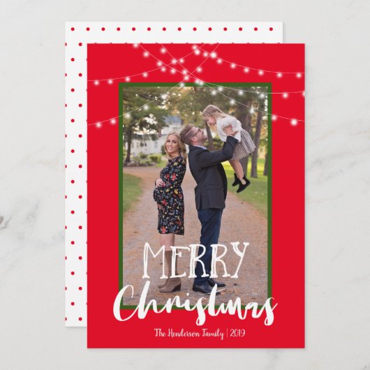 Cartes Pour Fêtes Annuelles Chaîne Lumières Rouge et Vert Photo Joyeux Noël (Devant / Derrière)