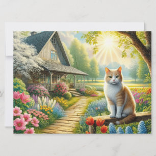 Cartes Pour Fêtes Annuelles Chalet de printemps/jardin & chat