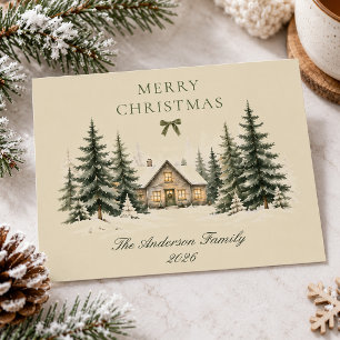 Cartes Pour Fêtes Annuelles Chalet d'hiver Famille Beige Joyeux Noël