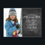 Cartes Pour Fêtes Annuelles Chalet Noël<br><div class="desc">Les salutations de vacances sont affichées sur cette carte postale unique de style tableau noir Noël et Nouvel An. La typographie qui ressemble à de la craie sur un tableau noir est disposée sous une bannière pour envoyer votre meilleur. Ajoutez simplement votre propre photo à gauche. Customisez avec votre(s) nom(s)...</div>