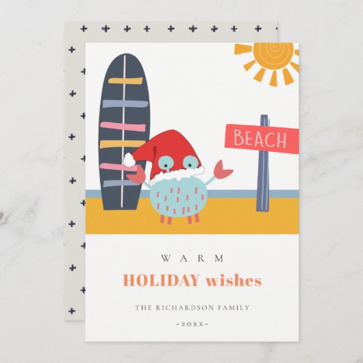Cartes Pour Fêtes Annuelles Chaleureux Noël en Juillet Plage Sable Crabe (Devant / Derrière)