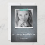 Cartes Pour Fêtes Annuelles Chalkboard Blue Washi Tape Hanukkah Photo Card<br><div class="desc">Le This rustic chalkboard style invitation is made exclusively for Zazzle and est idéal pour un séjour nostalgic yet moderne seasonal greeting. Imprimted "washi" tape in blue accent your photo with white script typography printed on a chalkboard background. Add an Envelopments Holiday Stamp from our extensive postage collection to match...</div>