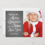 Cartes Pour Fêtes Annuelles Chalkboard Holiday Photo Christmas Wishes Coral<br><div class="desc">Chalkboard holiday cards featuring the words "wishing you a merry christmas and a happy new year", in white, cute and curly calligraphy like typeface, and one photo template of smiling girl dressed like santa claus. The back of these chalkboard Christmas cards feature a solive nautical design, with a coral and...</div>