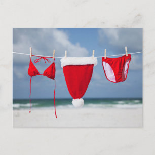 Cartes Pour Fêtes Annuelles Chapeau de Père Noël et bikini sur une ligne de li
