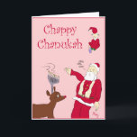 Cartes Pour Fêtes Annuelles Chappy Chanukah<br><div class="desc">Cette carte présente un Père Noël à l'allure de rabbin,  un elfe jouant au dreidel et le Renne de Rednose avec une menorah au lieu de bois.  Oui,  à peu près la famille inter-religieuse typique.</div>