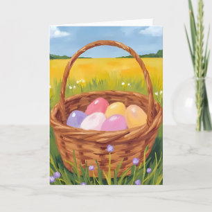 Cartes Pour Fêtes Annuelles Chasse aux œufs dans un panier de Pâques Aquarelle