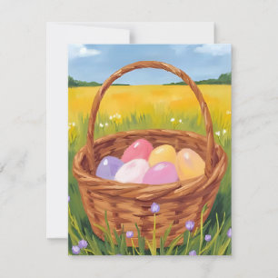 Cartes Pour Fêtes Annuelles Chasse aux œufs dans un panier de Pâques Aquarelle