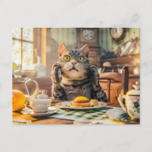 Cartes Pour Fêtes Annuelles Chat à la table du petit-déjeuner avec des croissa