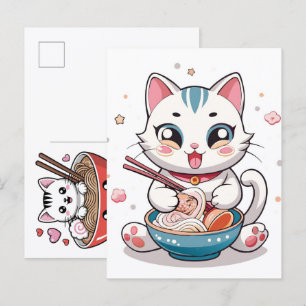 Cartes Pour Fêtes Annuelles Chat adorable savourant un festin de nouilles de r