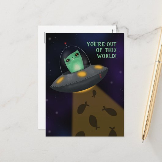 Cartes Pour Fêtes Annuelles Chat Alien (Devant/Arrière en situation)