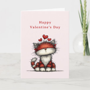 Cartes Pour Fêtes Annuelles Chat avec coeurs d'amour rouges Mignon Fun Saint-V