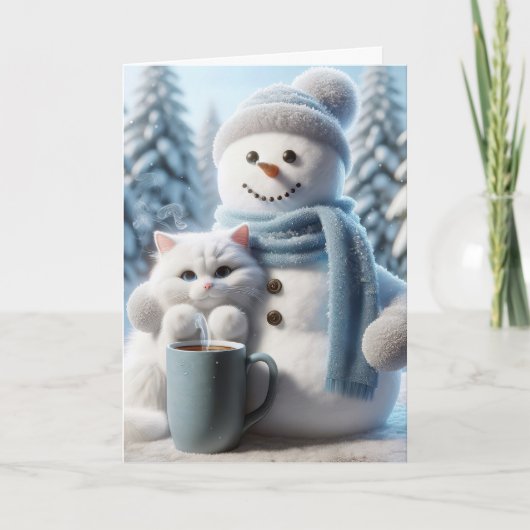 Cartes Pour Fêtes Annuelles Chat Blanc Et Snowman De Noël (Devant)