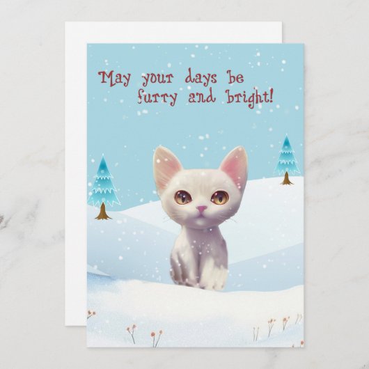 Cartes Pour Fêtes Annuelles Chat blanc mignon en Appartement de Noël Neige (Devant / Derrière)