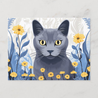 Cartes Pour Fêtes Annuelles Chat Bleu Russe Fleurs Jaunes