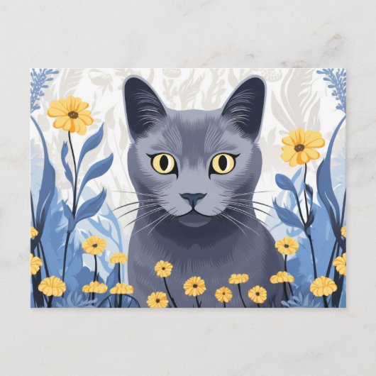 Cartes Pour Fêtes Annuelles Chat Bleu Russe Fleurs Jaunes (Devant)