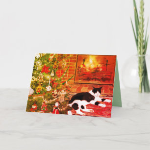 Cartes Pour Fêtes Annuelles Chat cheminée feu brûlant ornement d'arbre de Noël
