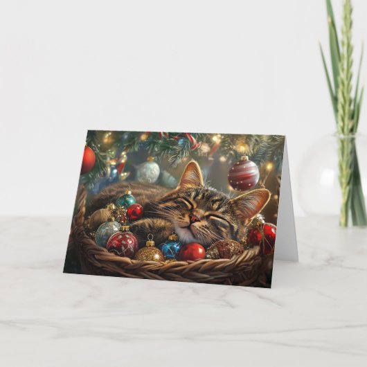 Cartes Pour Fêtes Annuelles Chat couché mignon sous l'arbre de Noël (Devant)