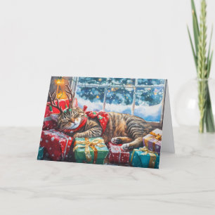 Cartes Pour Fêtes Annuelles Chat Couché Sur Les Forfaits De Noël