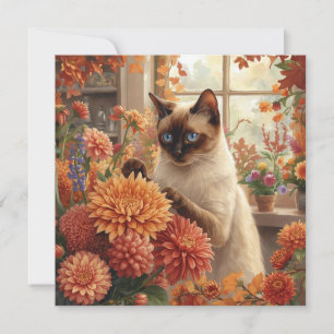 Cartes Pour Fêtes Annuelles Chat d'automne aux fleurs - Thanksgiving d'automne