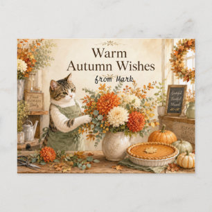 Cartes Pour Fêtes Annuelles Chat d'automne avec des fleurs – Salutation de la