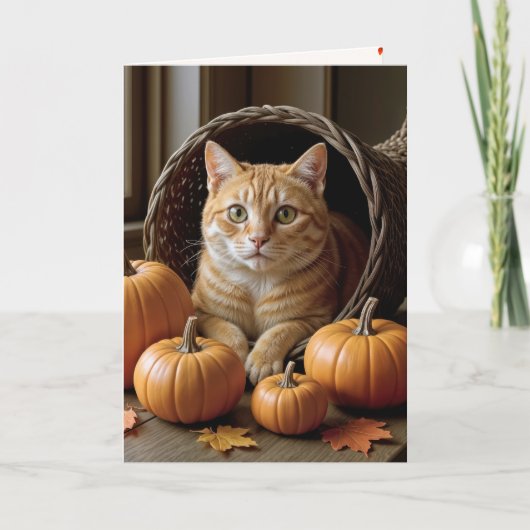 Cartes Pour Fêtes Annuelles Chat de gingembre à Thanksgiving Cornucopia (Devant)