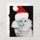 CARTES POUR FÊTES ANNUELLES CHAT DE NOËL BLANC AVEC CASQUETTE SANTA CLAUS (Devant / Derrière)