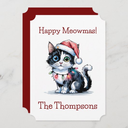 Cartes Pour Fêtes Annuelles Chat De Noël Mignonne Enveloppé Dans Les Lumières (Devant / Derrière)