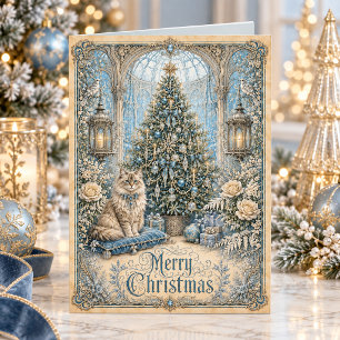 Cartes Pour Fêtes Annuelles Chat de Noël victorien Fleurs bleues vintage