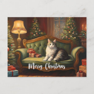 Cartes Pour Fêtes Annuelles Chat de Noël Vintage sur canapé, arbre de Noël