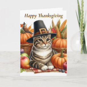 Cartes Pour Fêtes Annuelles Chat de Thanksgiving avec citrouilles de vacances
