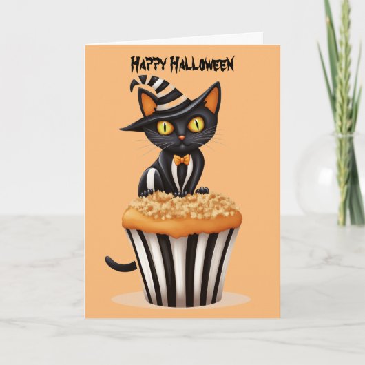 Cartes Pour Fêtes Annuelles Chat d'Halloween avec un muffin (Devant)