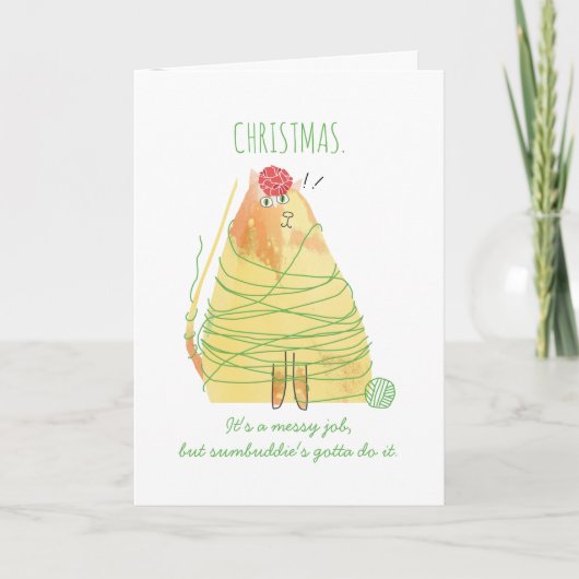 Cartes Pour Fêtes Annuelles Chat drôle fils enchevêtré tricot crochet Noël (Devant)