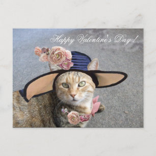 CARTES POUR FÊTES ANNUELLES CHAT ÉLÉGANT AVEC GRAND CASQUETTE DIVA, ROSES ROSE