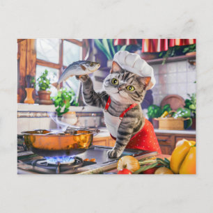 Cartes Pour Fêtes Annuelles Chat en toque de chef cuisinant avec des légumes e