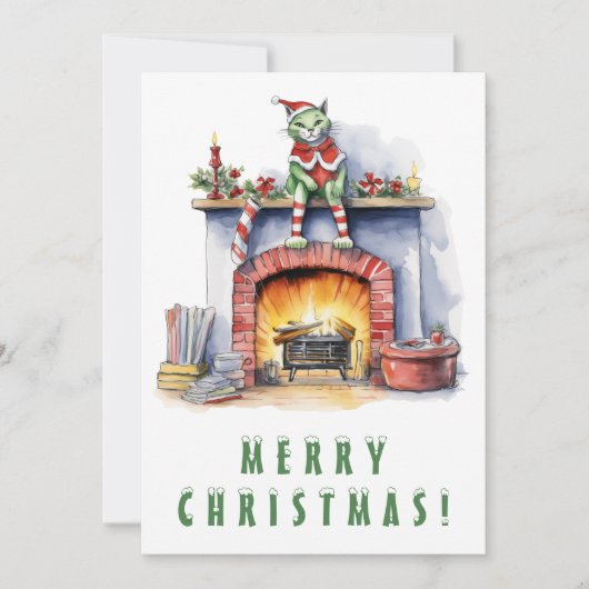 Cartes Pour Fêtes Annuelles Chat Funky sur cheminée Joyeux Noël (Devant)